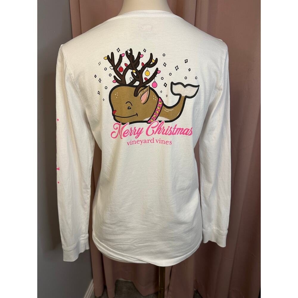 VGUC Vineyard Vines Girl's Reindeer Whale Long Sleeve White T-Shirt XL 16